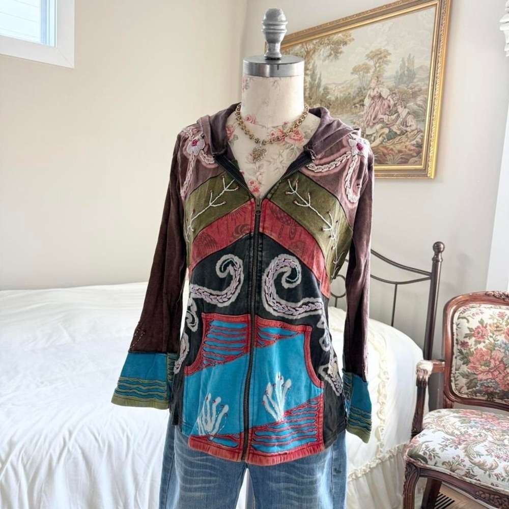 Boho rising international multicolor‎ patchwork hoodie size large - Picture 2 of 4